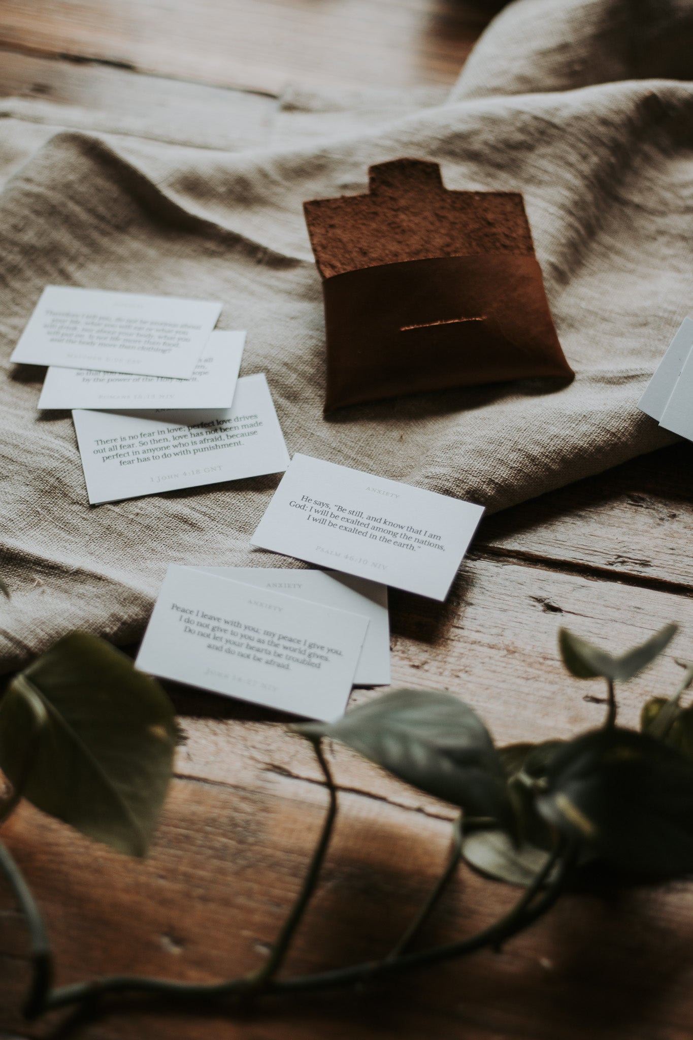 Scripture Memorization Pack | Leather Wallet & 21 Themed Bible Verse Cards | Anxiety, Thankfulness, Healing and Other Themes | Minimalist