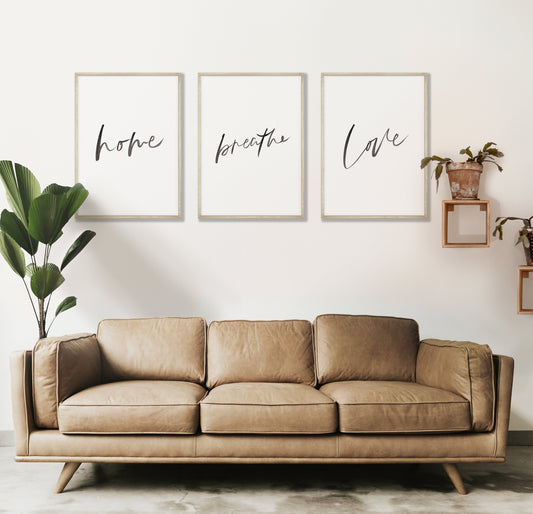 Boho Home Decor Prints | Home, Breathe, Love | Minimalist Wall Art Set (Digital Download)