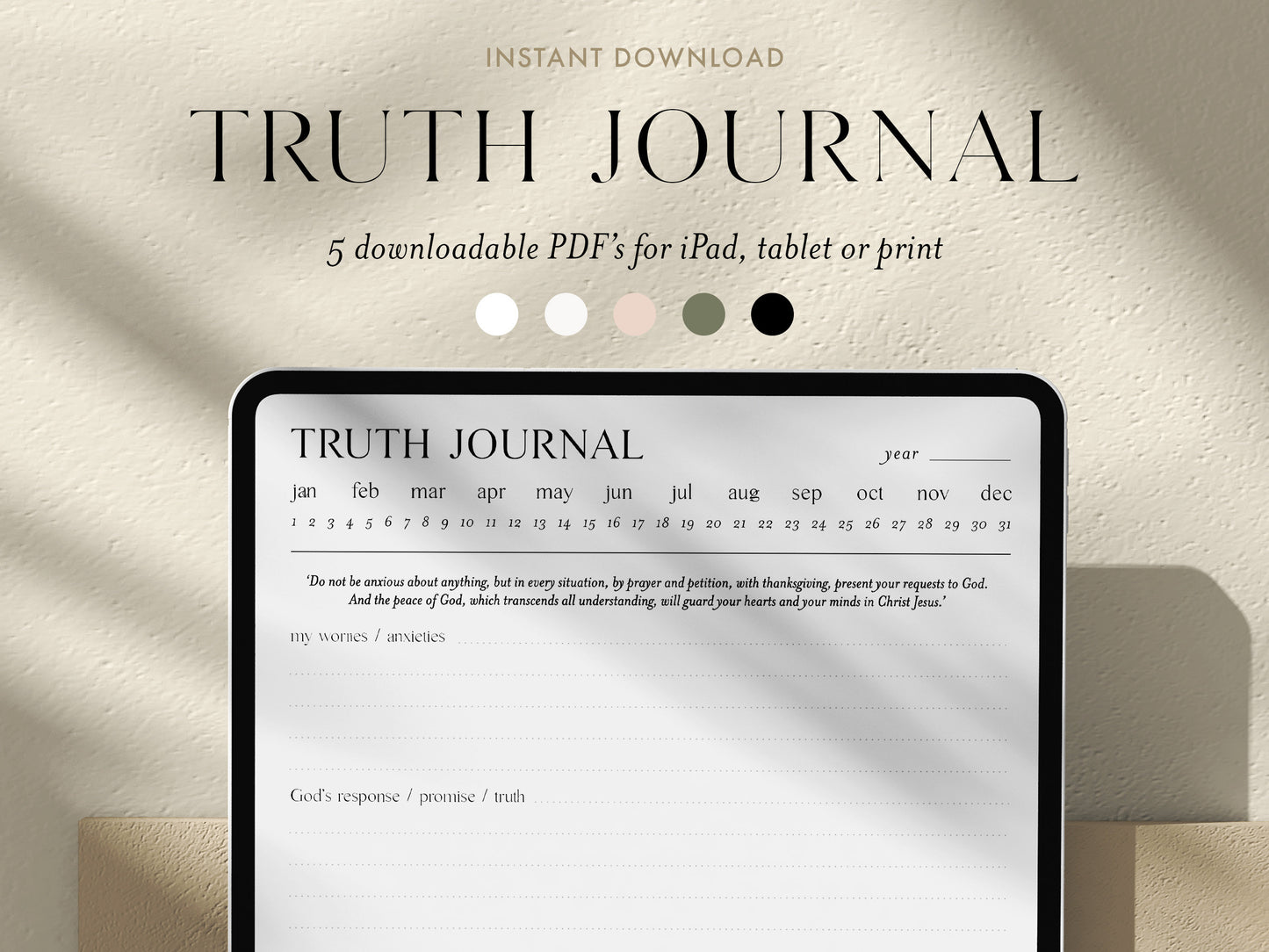 Digital Minimalist Truth Journal to Take Anxious Thoughts Captive | 5 PDF's For Print/iPad | Bible Notes Journal | Goodnotes | Phil 4:6-7