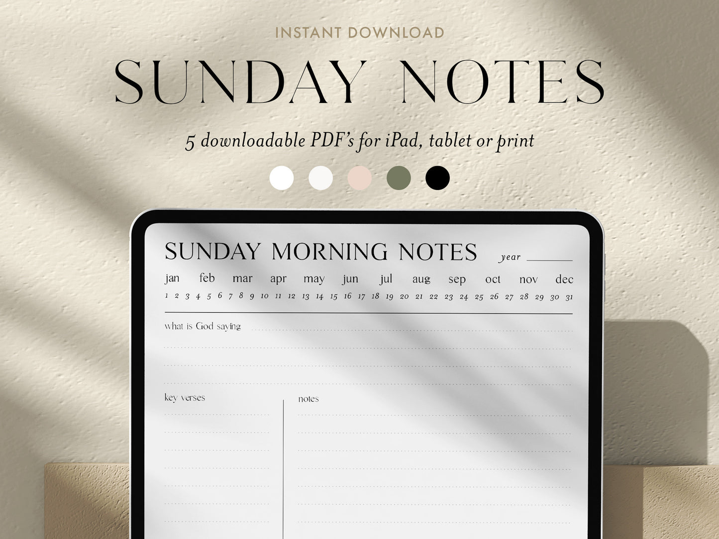 Digital Minimalist Sunday Morning Notes | 5 PDF's For Print/iPad | Bible Study Church Notes Journal | Goodnotes Procreate | Planner Template